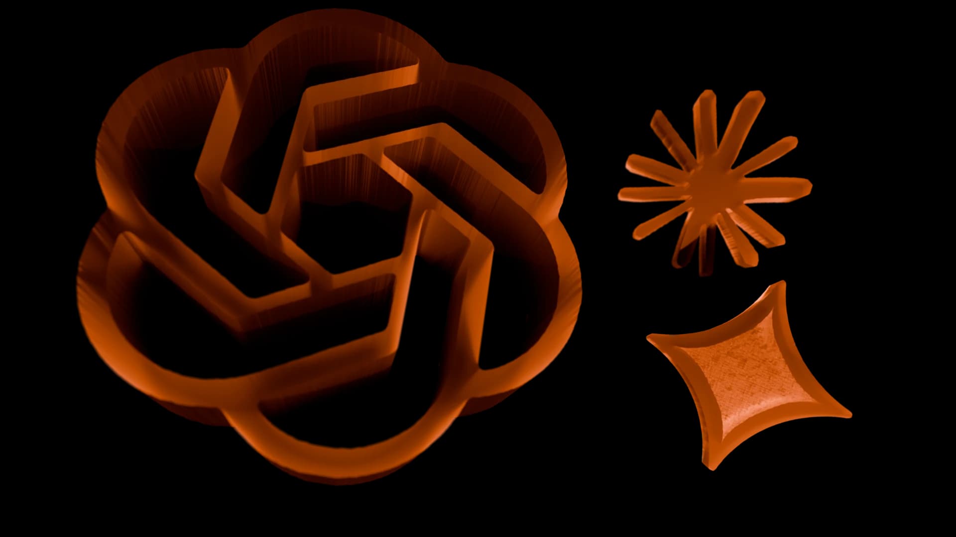Logótipos do ChatGPT, Claude e Gemini num render tridimensional em vidro laranja.